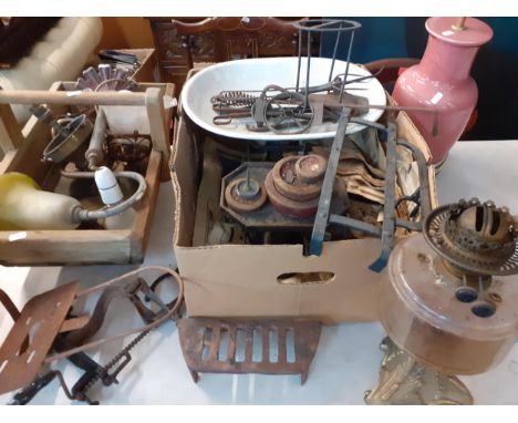 Mixed vintage metalware, scales with weights, a trug, a late 20th century pink table lamp and other lighting A/F and an oil l