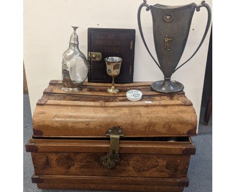 A mixed lot to include a 1925 International Boxing Tournament Trophy, a dimple decanter with enamel decoration, wooden LMS Am