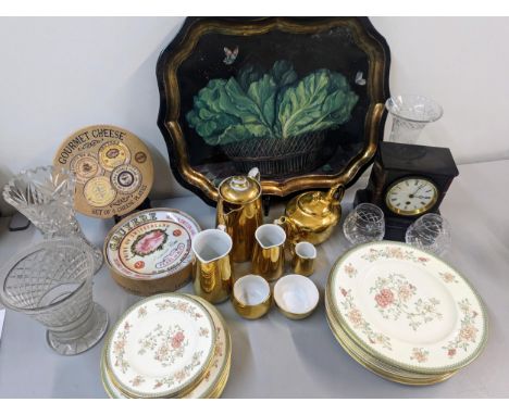 A mixed lot to include a late 19th/early 20th century tray, slate mantel clock, mixed glassware, a Royal Worcester gilt part 