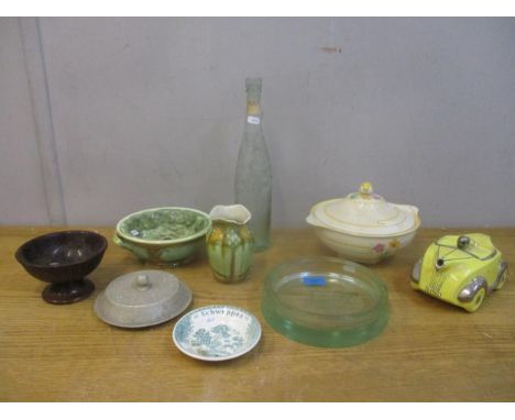 A mixed lot of early 20th century ceramics and glassware to include a Schweppes Bitter Lemon advertising dish, Minton secessi