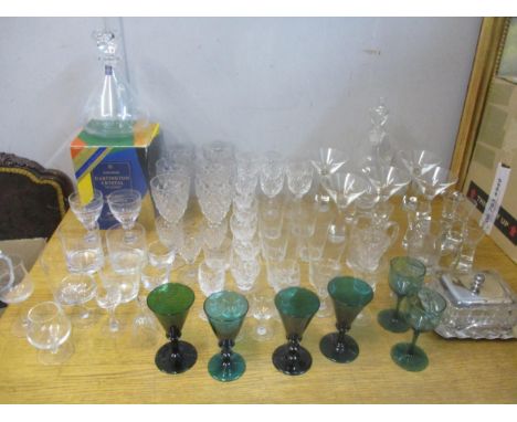 A selection of table glass to include a group of four Victorian green drinking glasses, and two similar plain stem drinking g