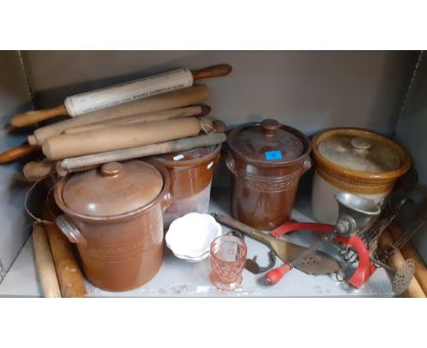A quantity of early 20th century and later stoneware storage jars to include one advertising jar together with a truncheon an