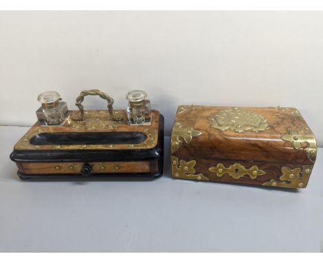 A Victorian desk stand having front single drawer and inkwells, together with a Victorian walnut playing card games box Locat
