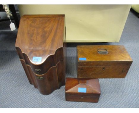 A Georgian mahogany serpentine fronted knife box, later converted interior to a stationery box, a small Regency mahogany sarc