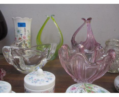 A mixed lot of art glass and ceramic ornaments to include Victorian cranberry glass, 1960s Czech and Bohemia vases, a signed 