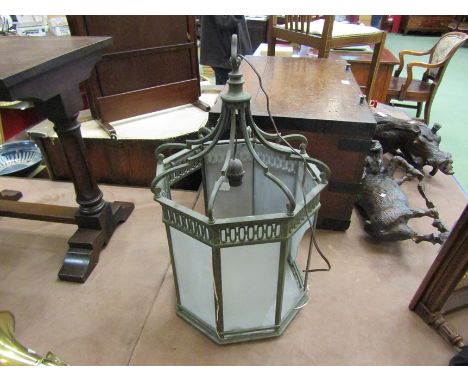 A late 19th Century/early 20th Century painted metal lantern, glass a/f, approx. 56cm tall 