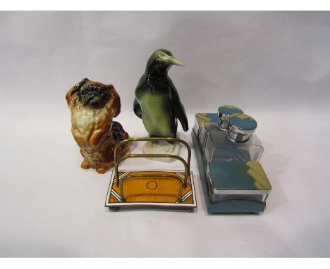 A Royal Dux Penguin, Beswick Pekinese dog no. 1059, letter rack and Art Deco dressing table set 