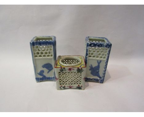Three ceramic cricket cages, incense burner, some blue and white examples (3) 