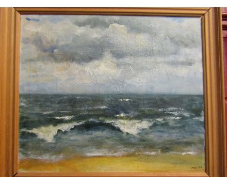 An oil on canvas seascape, signed lower right, framed, 50cm x 59cm 