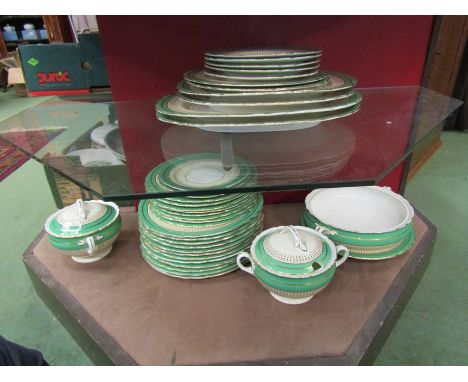 A quantity of Aynsley green and white dinner ware with gilt enamelled design 