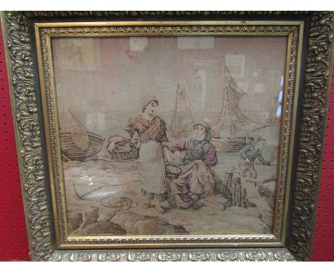 A tapestry depicting fishermen and lady, gilt framed and glazed, 44cm x 48cm 