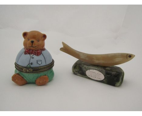 An enamel box in the form of a bear together with an Irish horn fish carving on green connemara marble 