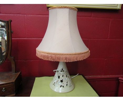 A Susan Riley (local ceramicist) pottery table lamp with butterfly design, stamped to body, with shade 