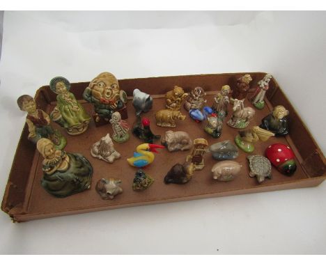 A selection of Wade whimsies including Humpty Dumpty, Little Miss Muffet, Jack &amp; Jill. Murano glass animals, Winkies lady
