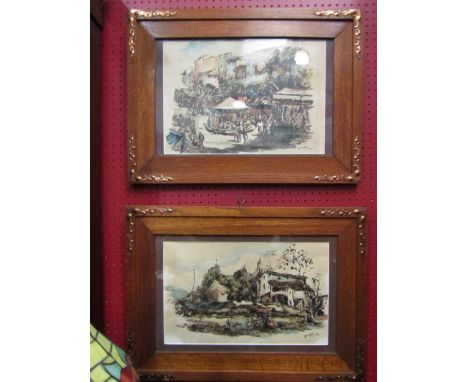 RAMON PUJOL (1907 - 1981): A pair of Spanish watercolours in oak frames with Art Nouveau copper decoration to the corners, a 