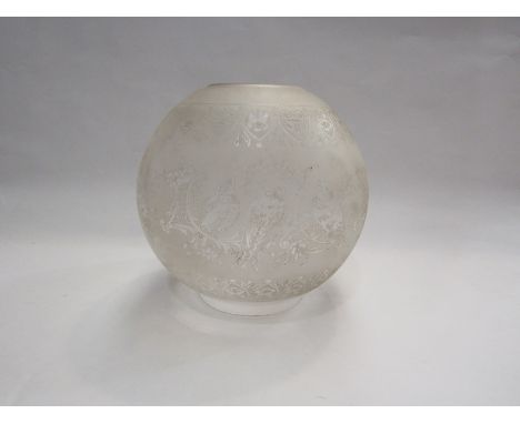 A glass acid etched oil lamp shade depicting birds 