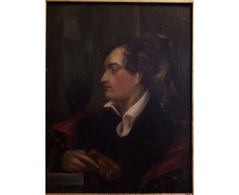 Continental school, a bust portrait of Lord Byron, oil on board, 21.5 x 16.5 cm