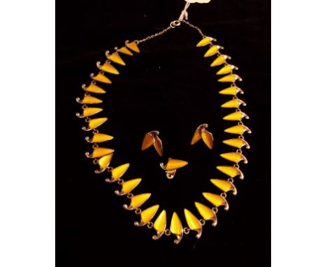A Norwegian silver and yellow enamel necklace, designed by Einar Modahl, and a pair of matching earrings, boxed 