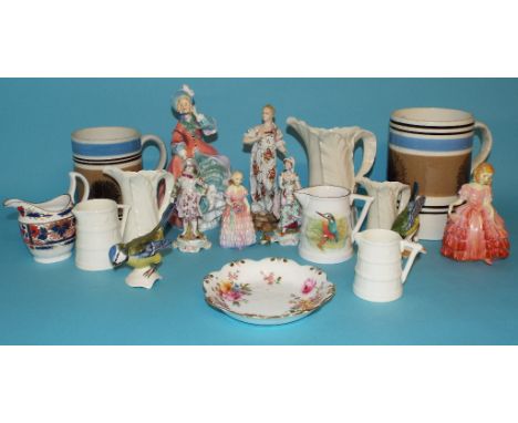 A Mochaware mug, 15.5 cm high, another similar, 12.5 cm high, three Royal Worcester leaf jugs, and other similar ceramics (bo