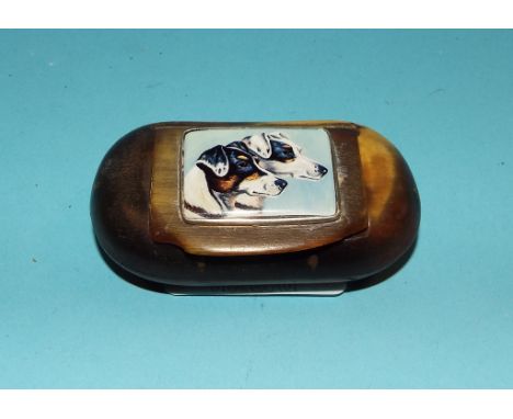 A bone snuff box, later applied a plaque, decorated two dogs