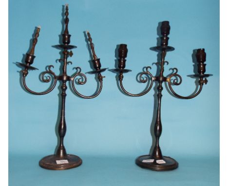 A pair of three light candelabra, previously gas, converted to electricity, 46 cm high (excluding fitments) (2)