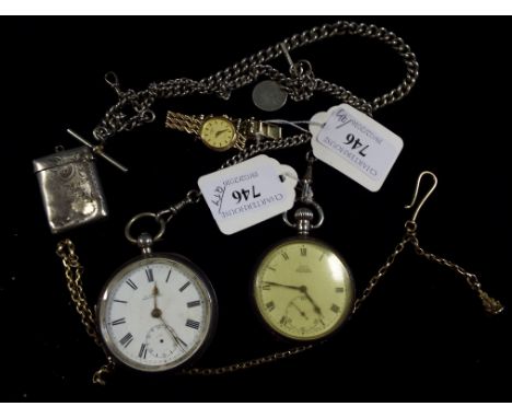 A lady's 9ct gold Rotary wristwatch, a gold coloured metal chain, two silver pocket watches, and other items (qty)