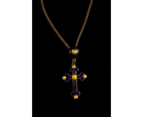 An enamel and seed pearl cross, with heart chain decoration, on a 9ct gold chain