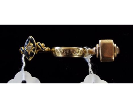 A 9ct gold wedding band, a similar signet ring, approx. 9.4 g, and an 18ct gold, diamond and enamel memoriam ring (3)
