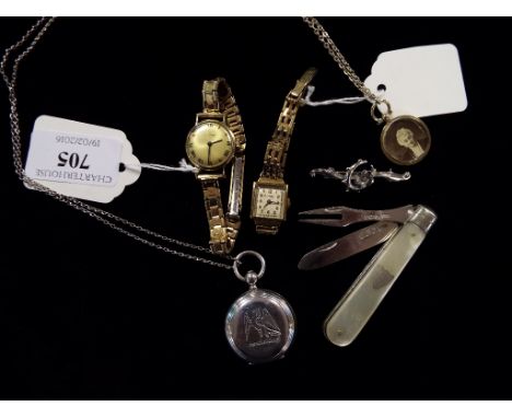 A lady's 9ct gold Rotary wristwatch, another watch, other silver, jewellery and items (qty)