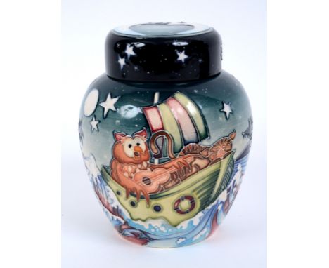 A Moorcroft pottery The Owl and The Pussycat limited edition ginger jar and cover, 215/250, the base signed N Slaney, 15 cm h