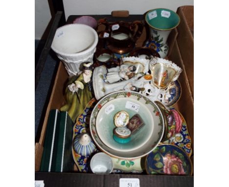 A Royal Doulton figure, Simone, HN2378, a Maling lustre ware bowl, 6 cm high, a Halcyon Days enamel box and cover, Happy Birt