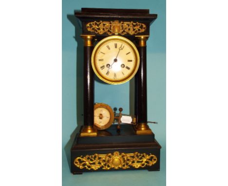 A French style ebonised portico clock, 41 cm high