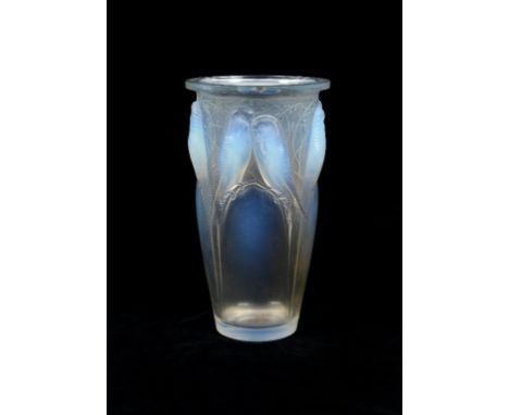A Lalique opalescent glass Ceylan vase, decorated budgerigars, the base etched R LALIQUE FRANCE and No 905, 24 cm high  See b