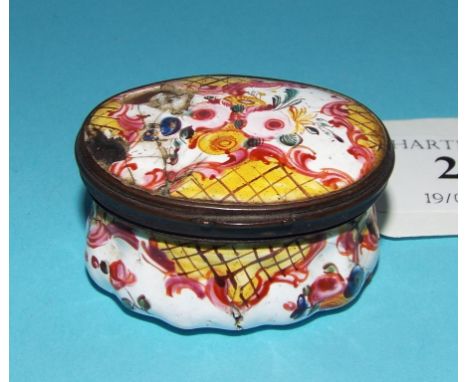An 18th century enamel patch box (a.f.), 4.5 cm wide