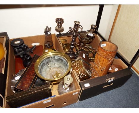 A Chinese carved bamboo vase, a silver plated candelabra, a set of scales, metalwares, pictures and other items (qty)