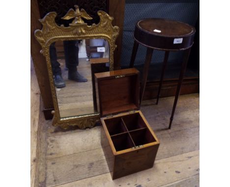 An inlaid mahogany four division decanter box, a mahogany kettle stand, and a gilt wall mirror (3)