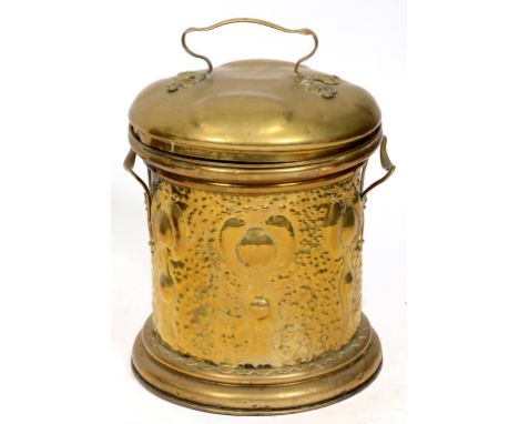 An Art Nouveau brass coal bin and cover, 52 cm high  See illustration
