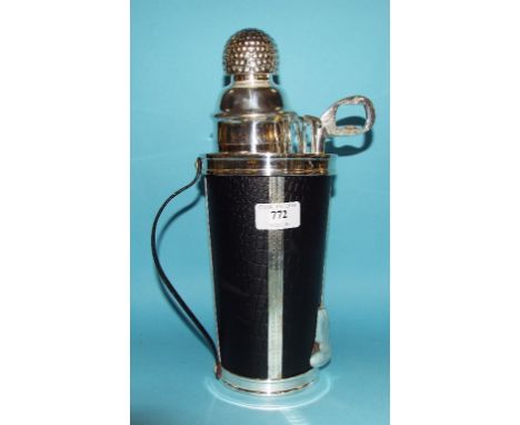 A silver plated and faux leather cocktail set, in the form of a golf caddy, 31 cm high