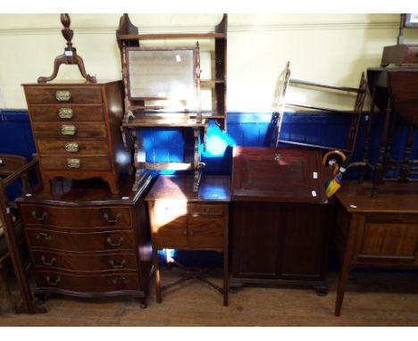 A reproduction chest of drawers, a stick stand, a floor standing corner cupboard, two dressing mirrors, wall shelves and othe