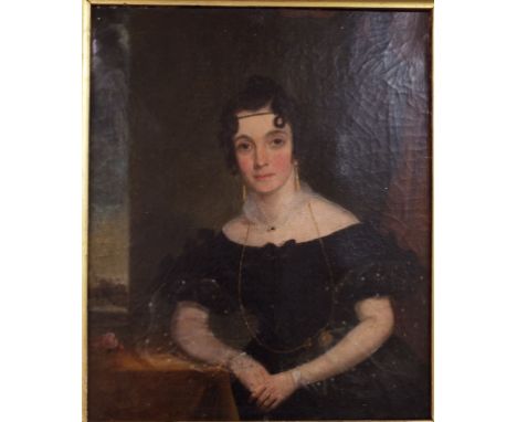 English school, 19th century, half length portrait of a lady by a table, initialled C B and dated 1830, oil on canvas, 29 x 2