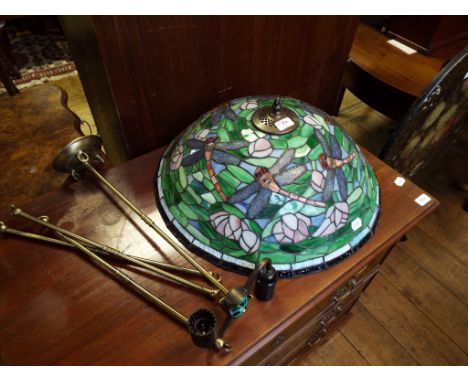 A Tiffany style glass ceiling lamp shade and fitting, decorated dragonflies, 54 cm diameter