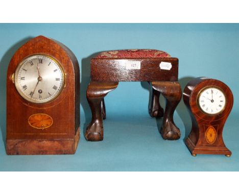A mantel clock, in an inlaid mahogany case, 17 cm high, another, and a small drop in foot stool (3)