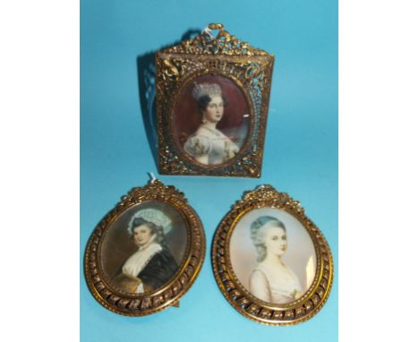Stieler (?), an oval bust portrait miniature of Theresie Von Bayern, 8 x 6 cm, and two others (3)