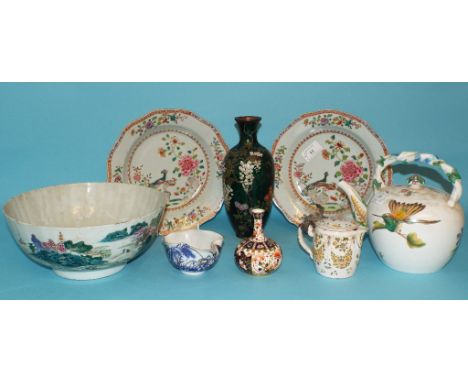 A Chinese porcelain dish, decorated birds amongst flowers and foliage, in enamel colours, 23 cm diameter, another similar, a 