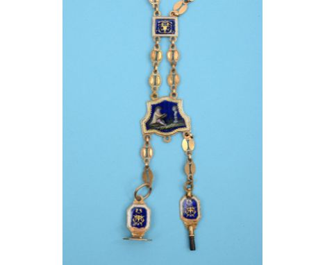 A French 18ct gold and enamel chatelaine, with seal and a watch key (slight damage)  See front cover colour illustration