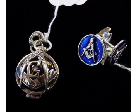 A pair of silver and enamel Masonic cufflinks, and a similar pendant (2)