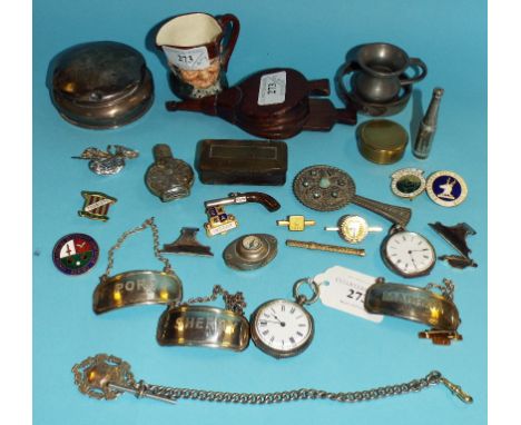 A wooden snuff box, inscribed Forget Me Not, 13 cm wide, two silver fob watches and other items (qty)