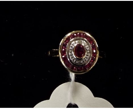 An Art Deco style 9ct gold, ruby and diamond ring