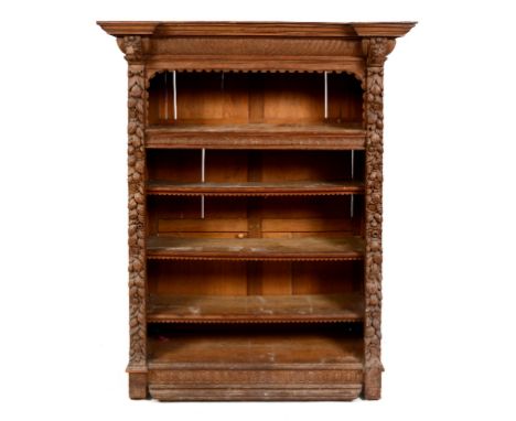 A late 19th century Anglo Flemish carved oak open bookcase, decorated lion masks, fruit and foliage, 144 cm wide  See illustr