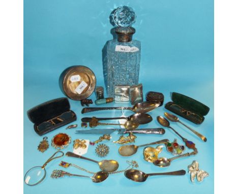 A silver mounted glass decanter and stopper, inscribed, London 1970, 26.5 cm high, a silver photograph frame, other silver, j